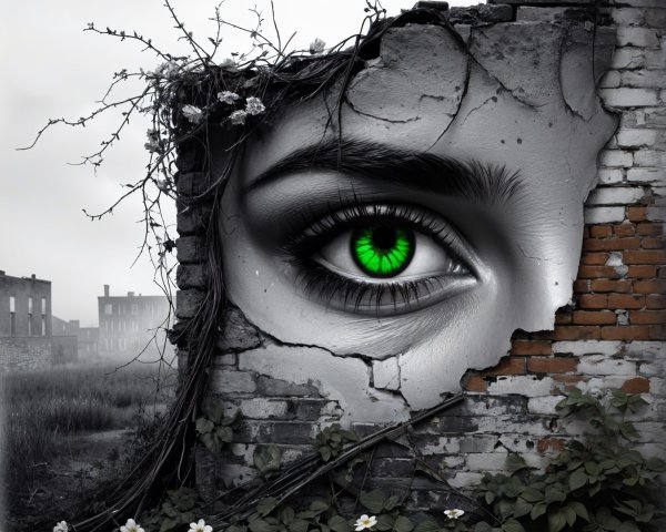 Black-and-white wall with green eye and floral details