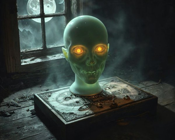 Ghostly Green Mannequin Head with Glowing Eyes