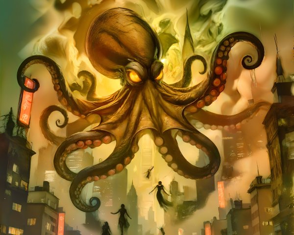 Surreal Cityscape with Colossal Octopus and Mist