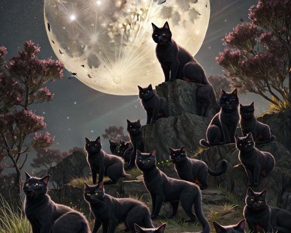 Mystical Night Scene with Cats and Enchanting Moon