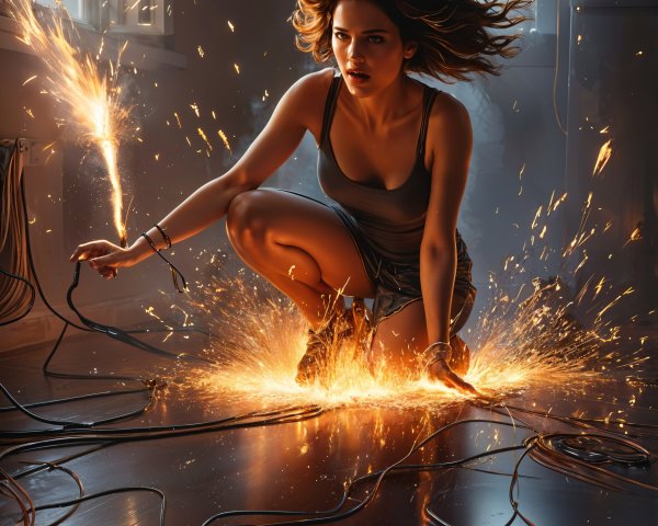 Woman in dark room with sparks and electrical wires