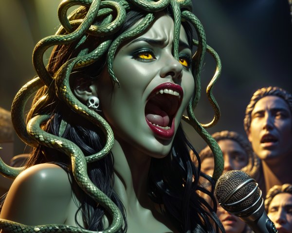 Medusa-like character singing with snakes and onlookers