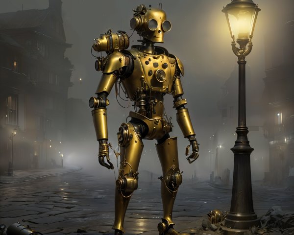 Golden Steampunk Robot in Foggy Cobblestone Alley