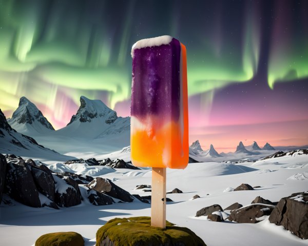 Giant Purple and Orange Popsicle in Snowy Landscape
