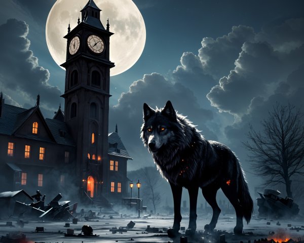 Colossal Black Wolf Before Dilapidated Clock Tower