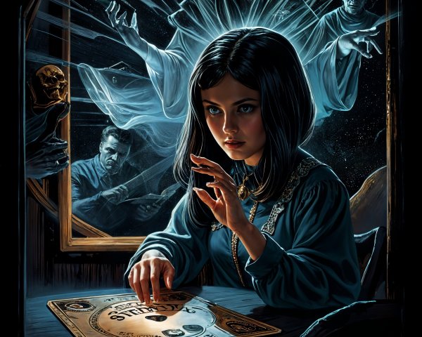 Young girl uses Ouija board in ghostly atmosphere