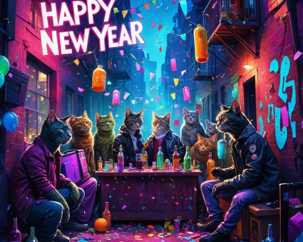 Cats Celebrating New Year's Eve in Cyberpunk Style