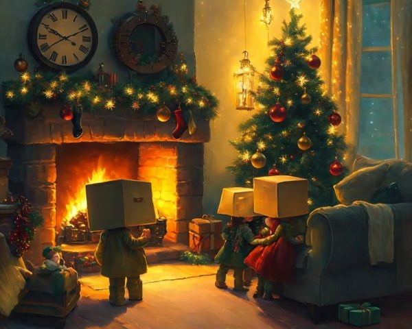 Christmas-Themed Oil Painting of Children in Cozy Living Room