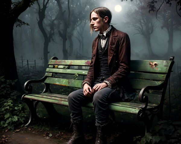 Young man seated on bench in misty forest setting
