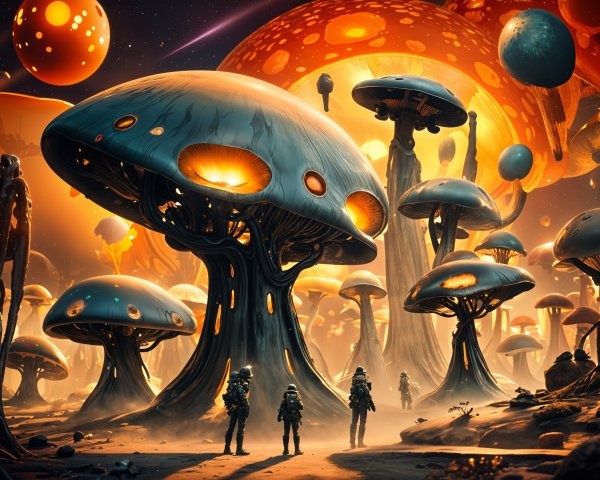Surreal Alien Landscape with Glowing Mushrooms