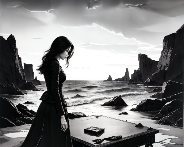 Somber Woman by Rocky Shoreline with Dark Table