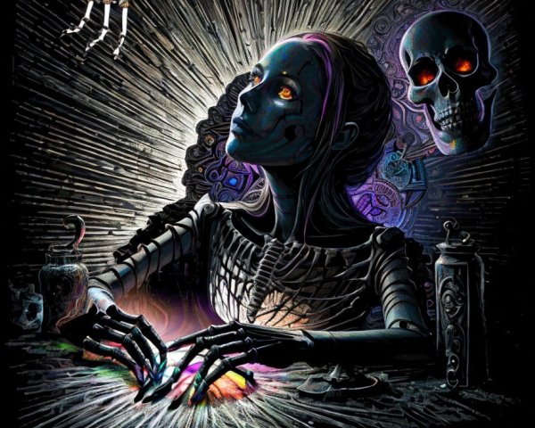 Skeletal Figure with Glowing Eyes Surrounded by Light