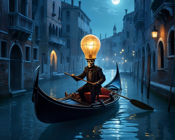 Skeleton in Suit Rowing Gondola in Moonlit Venice