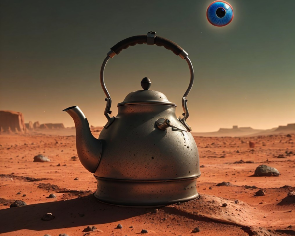 Vintage Metal Kettle on Martian Landscape at Sunset