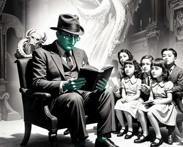 Mysterious Gothic Room with Green-Glowing Man Reading