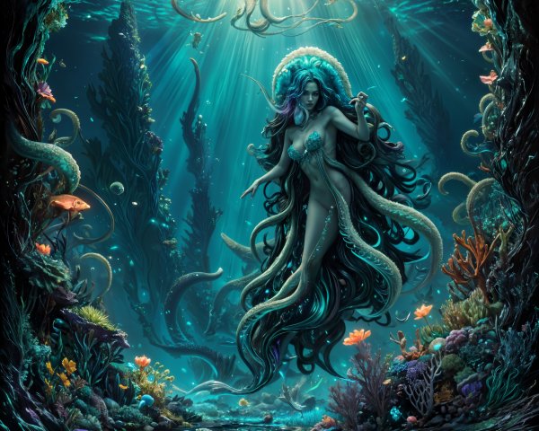 Mystical Underwater Scene with Mermaid and Coral Reefs