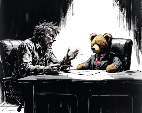 Monochrome Illustration of Agitated Man and Teddy Bear