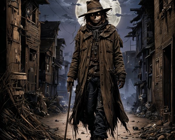Mysterious Figure in Tattered Coat on Desolate Street