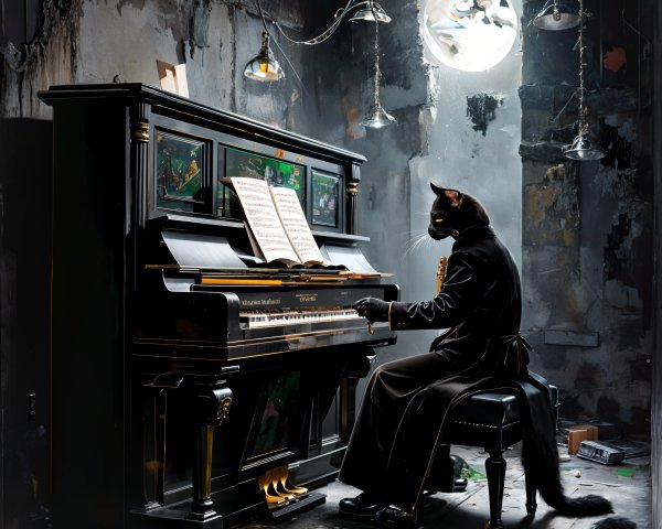 Black Cat in Formal Coat at Grand Piano Scene