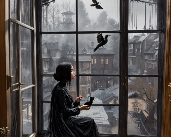 Woman in Black Dress with Raven by Grand Window