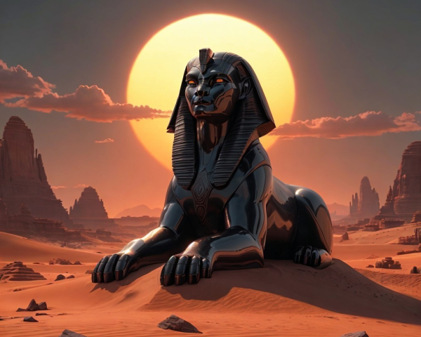 Black Sphinx in Desert at Sunset with Dramatic Glow