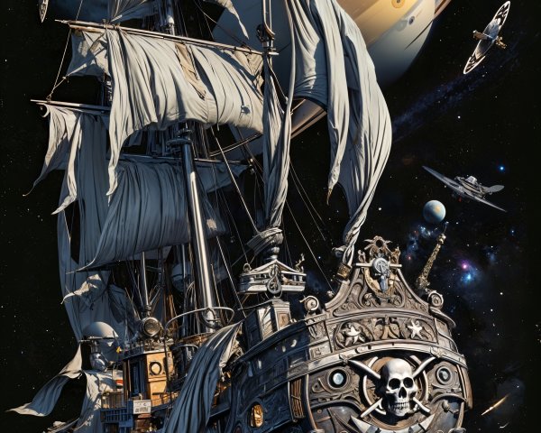 Pirate Ship in Space with Saturn's Rings and Stars