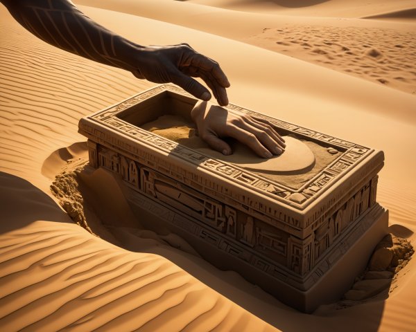 Desert Scene with Carved Sarcophagus at Sunset
