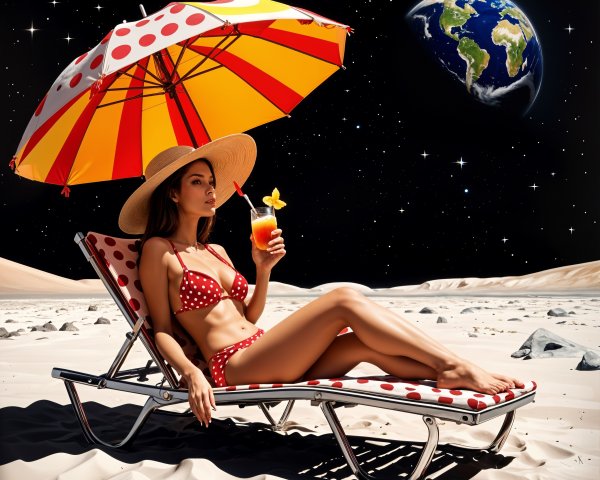 Woman in Bikini Relaxing Under Colorful Umbrella