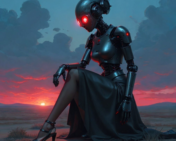 Humanoid Robot in Desert at Sunset with Red Eyes
