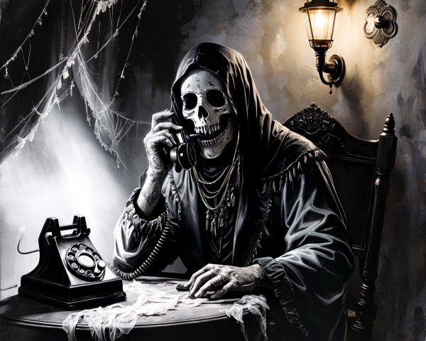 Skeletal Figure in Dark Robes at Antique Table
