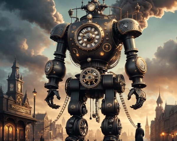 Steampunk Robot in Industrial Cityscape Setting