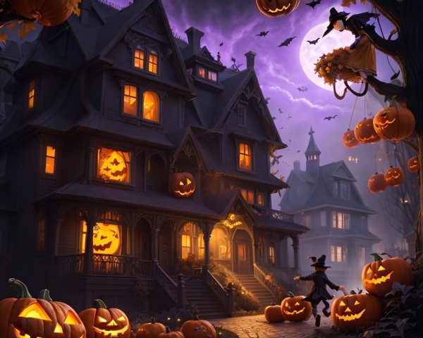 Haunted House with Jack-o'-Lanterns and Bats