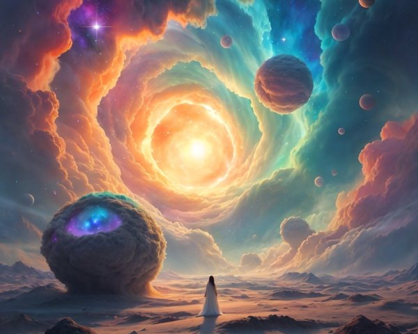 Cosmic Landscape with Figure in White Gown and Nebula