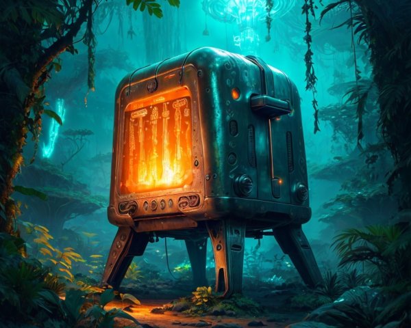 Futuristic Metal Contraption in Mystical Jungle Setting