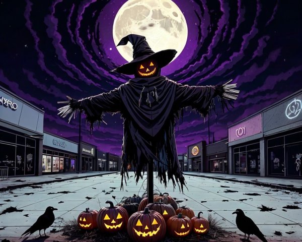 Spooky Cartoonish Scarecrow in Halloween Plaza Scene