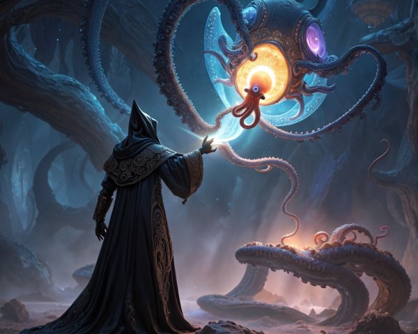 Cloaked Figure Interacts with Luminous Creature in Forest