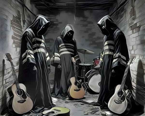 Hooded Figures in a Grungy Basement Setting