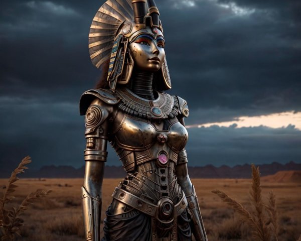 Futuristic Pharaoh Statue in Barren Landscape