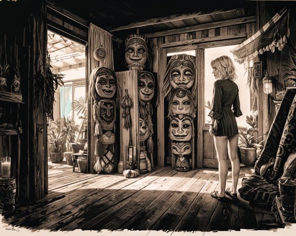 Woman in Rustic Interior with Intricate Masks