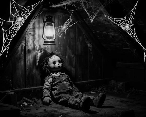 Detailed Black and White Image of a Creepy Doll in Attic