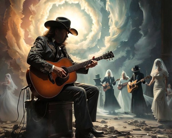 Surreal Scene of Musician with Celestial Backdrop