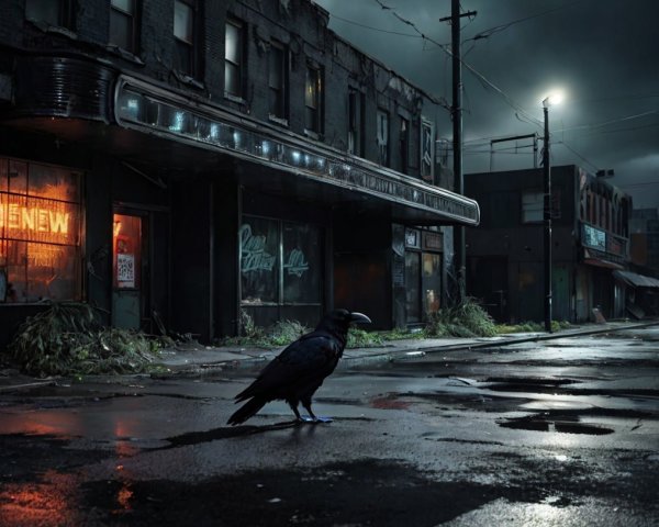 Deserted Urban Street at Dusk with Solitary Raven