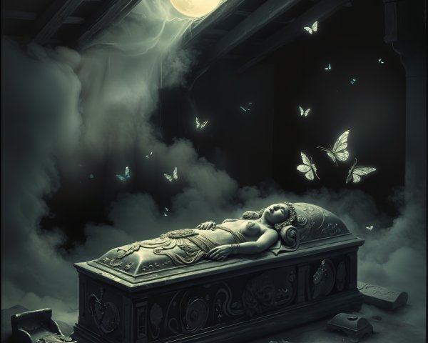 Ornate sarcophagus in a dimly lit chamber scene