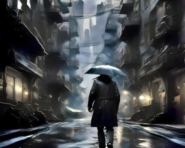 Solitary Figure in Dimly-Lit Rainy Alleyway