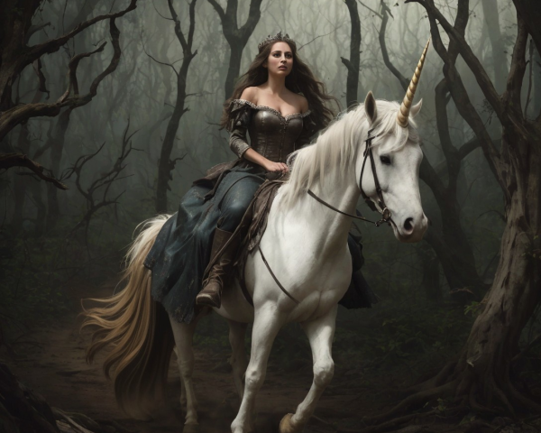 Queen on Unicorn in Enchanted Foggy Forest Scene