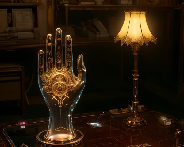 Translucent Hand Sculpture with Golden Designs and Eye