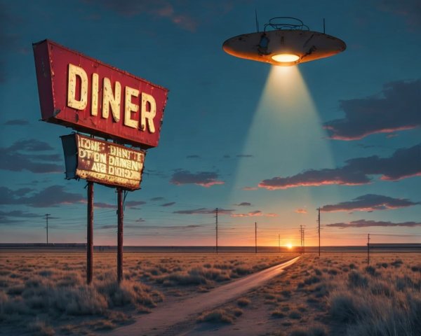 Vintage diner sign in arid landscape at sunset