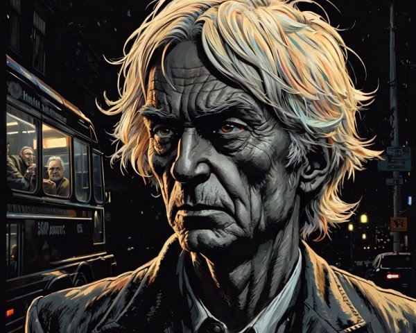 Weathered Man with White Hair in Urban Setting