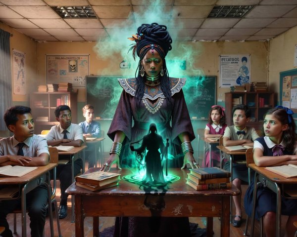 Mystical Fantasy Shaman Conjuring in Classroom Scene