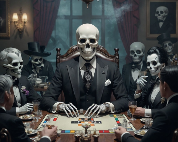 Gothic Skeletons Playing Monopoly in Elegant Setting